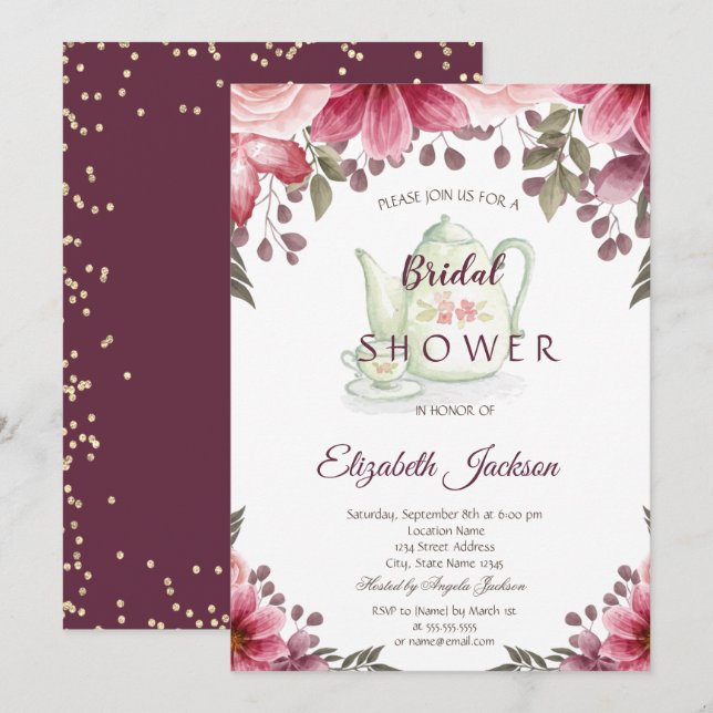 Gold Diamonds Teapot Floral Burgundy Bridal Shower Invitation (Front/Back)