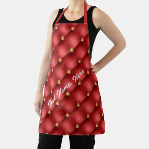 Gold Diamonds Tufted Leather Text Name Red Apron