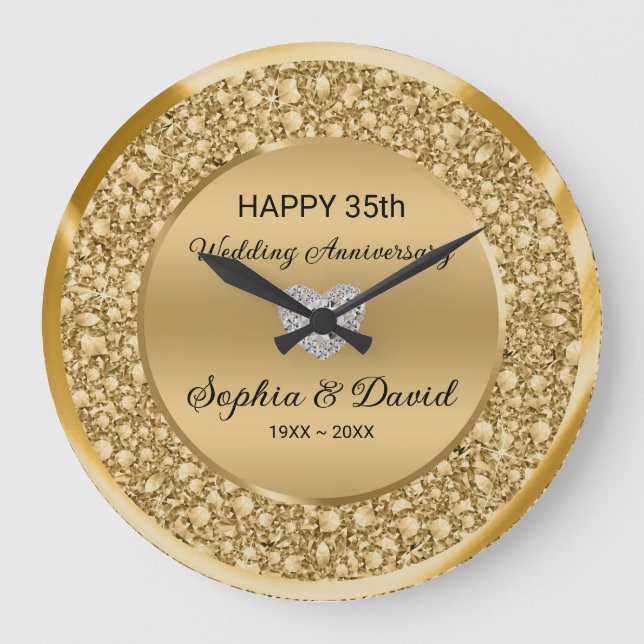 Gold Diamonds Wedding Anniversary  Large Clock (Front)