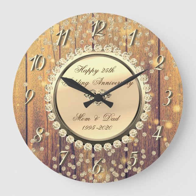 Gold Diamonds Wood 25th Wedding Anniversary Large Clock (Front)