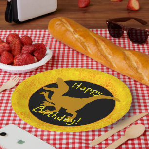 Gold Dinosaur Hide Happy Birthday! Paper Plate