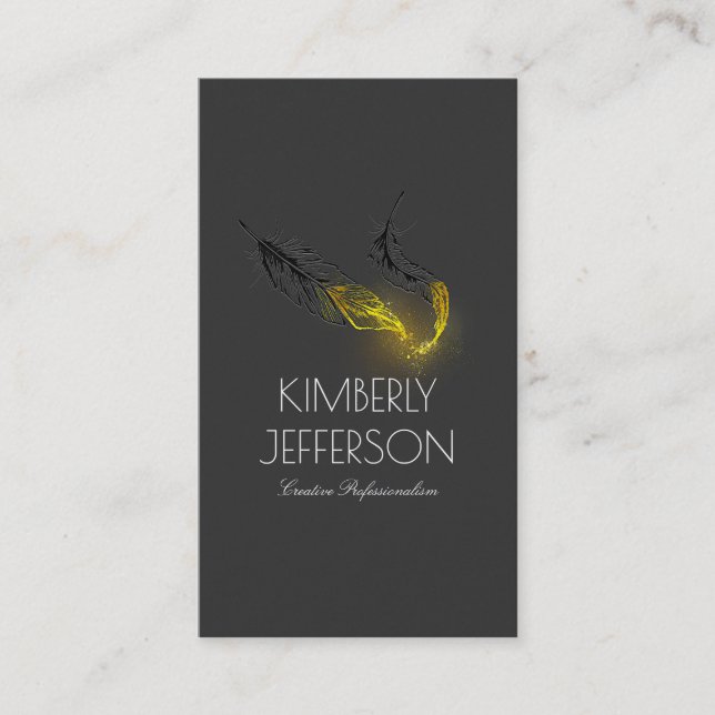 Gold Dipped Feathers Author Writer Black Business Card (Front)