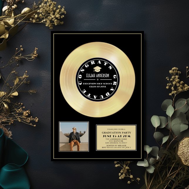 Gold Disc Vinyl Black Plaque Photo Graduation Invitation (Creator Uploaded)
