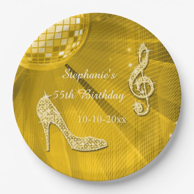 Gold Disco Ball and Heels 55th Birthday Paper Plate (Front)