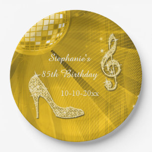 Gold Disco Ball and Heels 85th Birthday Paper Plate