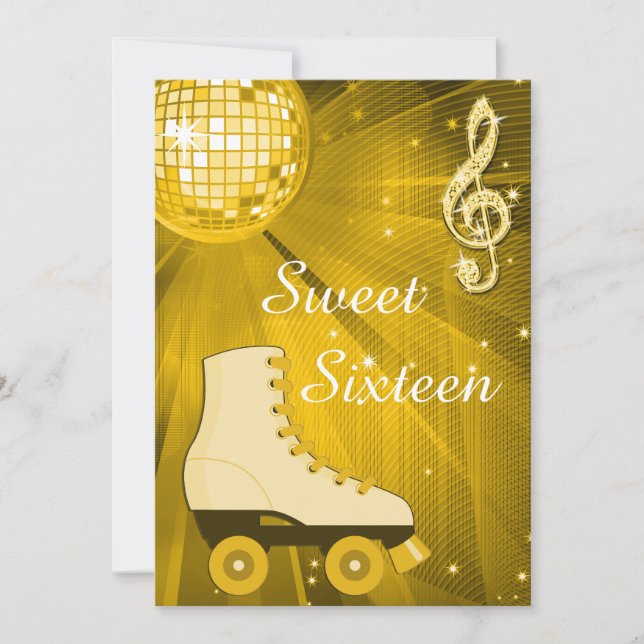 Gold Disco Ball and Roller Skates Sweet Sixteen Invitation (Front)