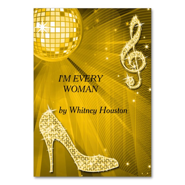 Gold Disco Ball and Stiletto Shoe Double Sided Table Number (Front)