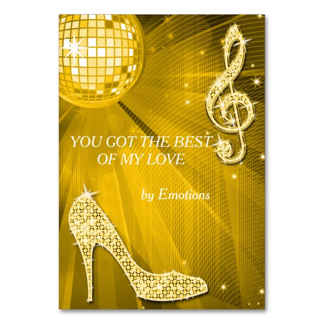 Gold Disco Ball and Stiletto Shoe Double Sided Table Number (Front)