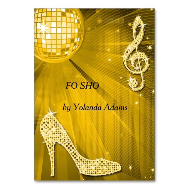 Gold Disco Ball and Stiletto Shoe Double Sided Table Number (Front)