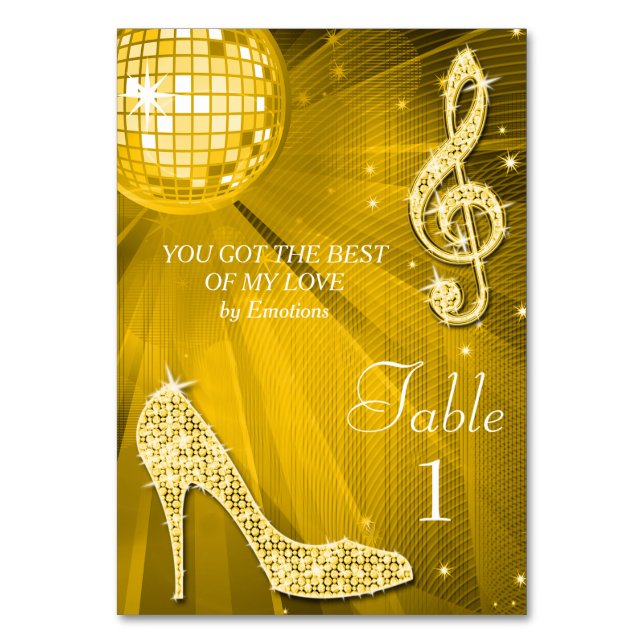 Gold Disco Ball and Stiletto Shoe Double Sided Table Number (Front)