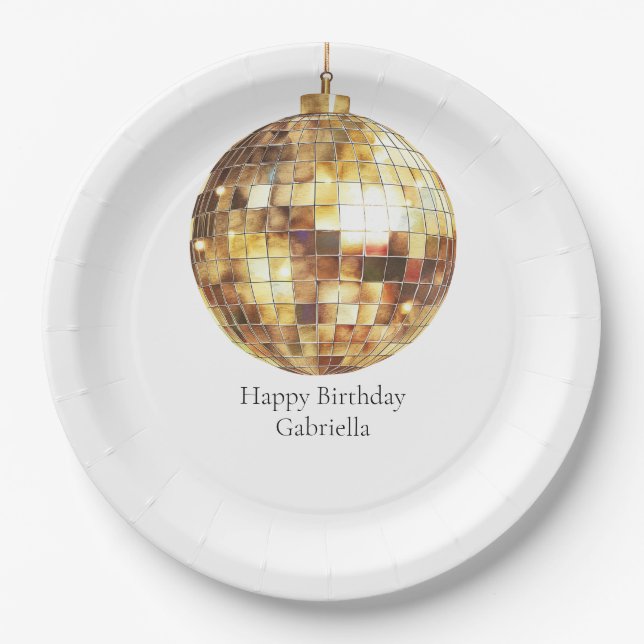 Gold Disco Ball Birthday Paper Plate (Front)