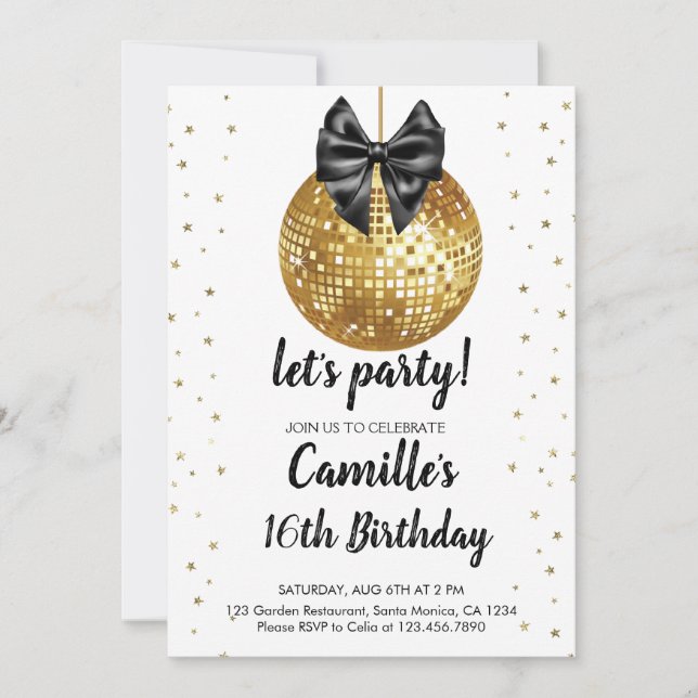 Gold Disco Ball | black bow Birthday  Invitation (Front)