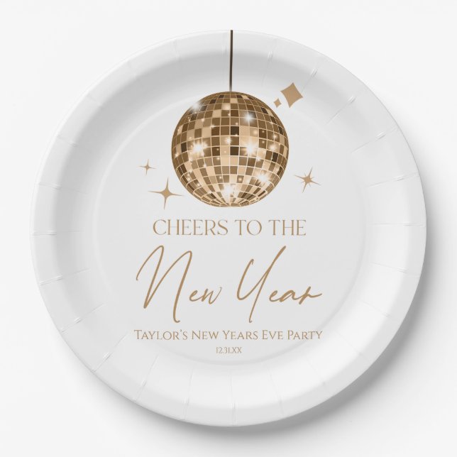 Gold Disco Ball Cheers New Years Eve Party  Paper Plate (Front)