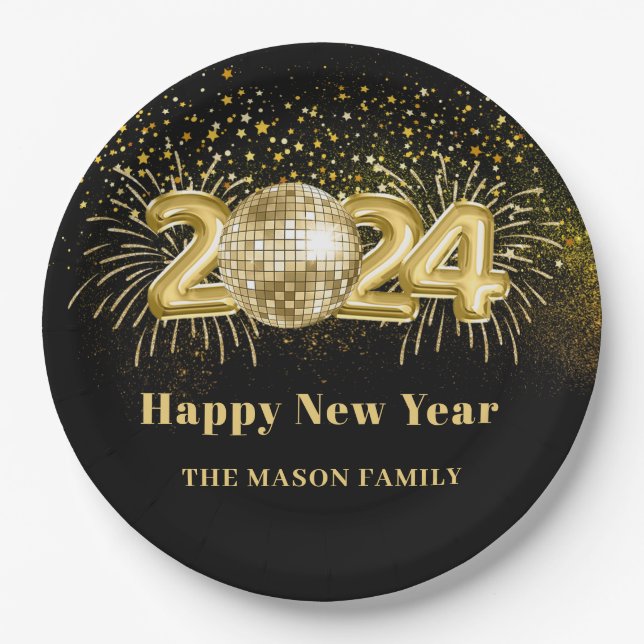 Gold Disco Ball New Years Eve Party Paper Plate (Front)
