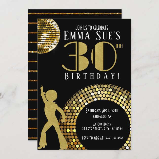 Gold Disco Ball Studio 54 Party 30th Birthday Invitation (Front/Back)