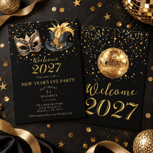Gold Disco Ball Top Hat Mask New Year's Eve Party Invitation