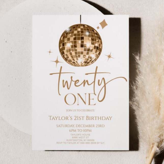 Gold Disco Ball Twenty One 21st Birthday Party Invitation (Creator Uploaded)