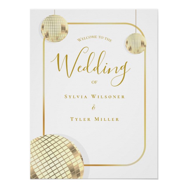 Gold Disco Ball Wedding Welcome Poster (Front)