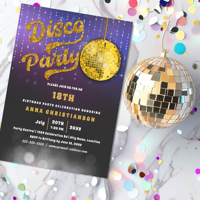 Gold Disco Birthday Party Invitation (Gold glitter-look disco party invitation. )