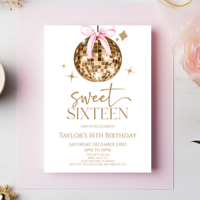 Gold Disco Bow Sweet Sixteen 16th Birthday Party Invitation (Creator Uploaded)