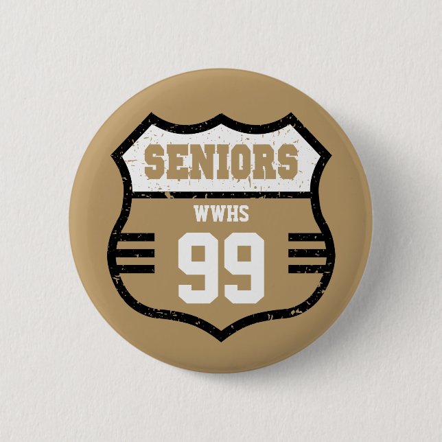 Gold Distressed Seniors Road Sign 6 Cm Round Badge (Front)
