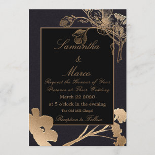 Gold Dog Rose & Buds & Flowers Wedding Invitation