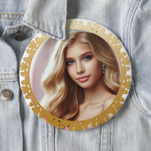 Gold Doily Frame Design Custom Pinback Photo 6 Cm Round Badge