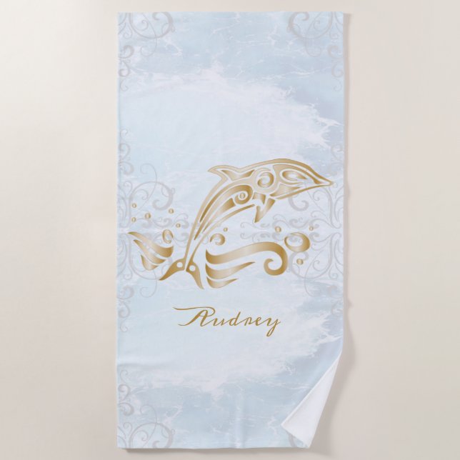 Gold Dolphin Personalised Beach Towel (Front)