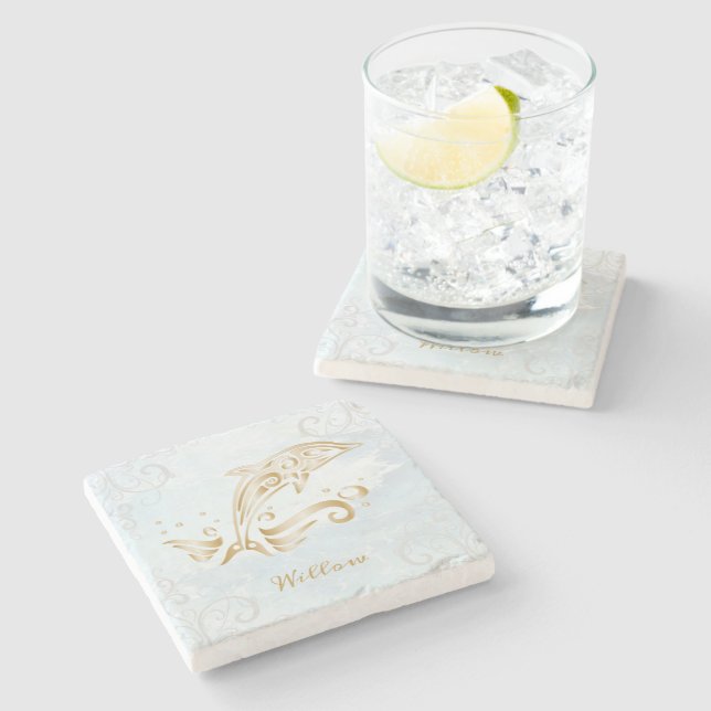 Gold Dolphin Personalised Stone Coaster (Side)