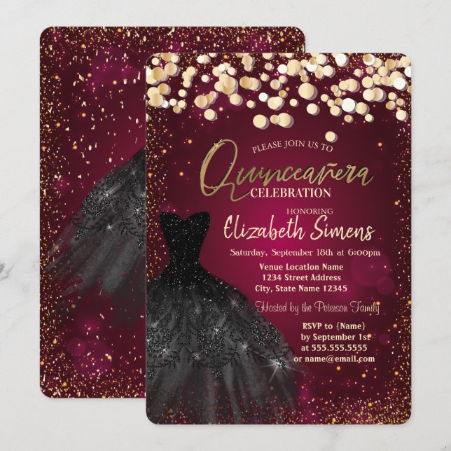 Gold Dots,Black Dress Burgundy Quinceañera  Invitation (Front/Back)