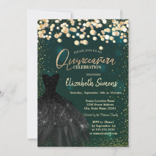 Gold  Dots,Black Dress Green Quinceañera Invitation