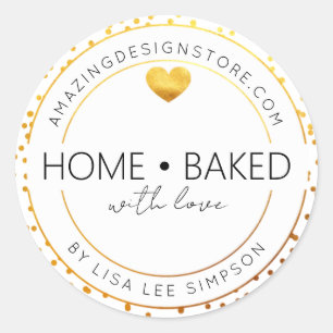 Gold dots Home baked With Love Heart Classic Round Sticker