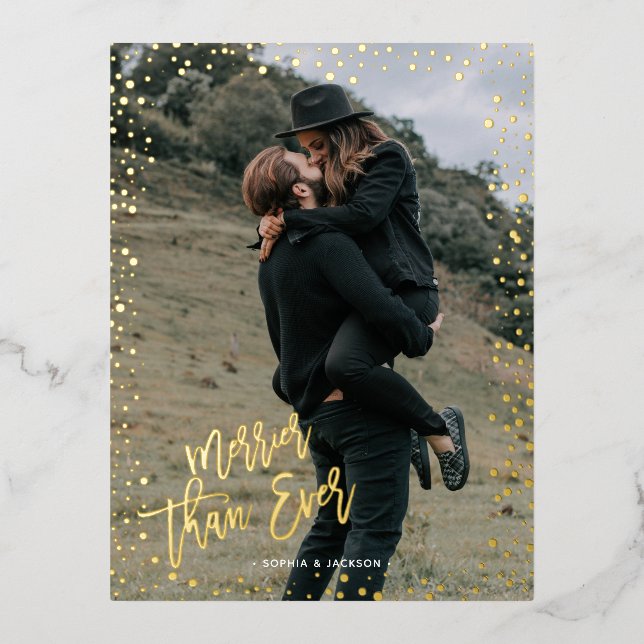 Gold dots merrier than ever real  foil holiday postcard (Front)