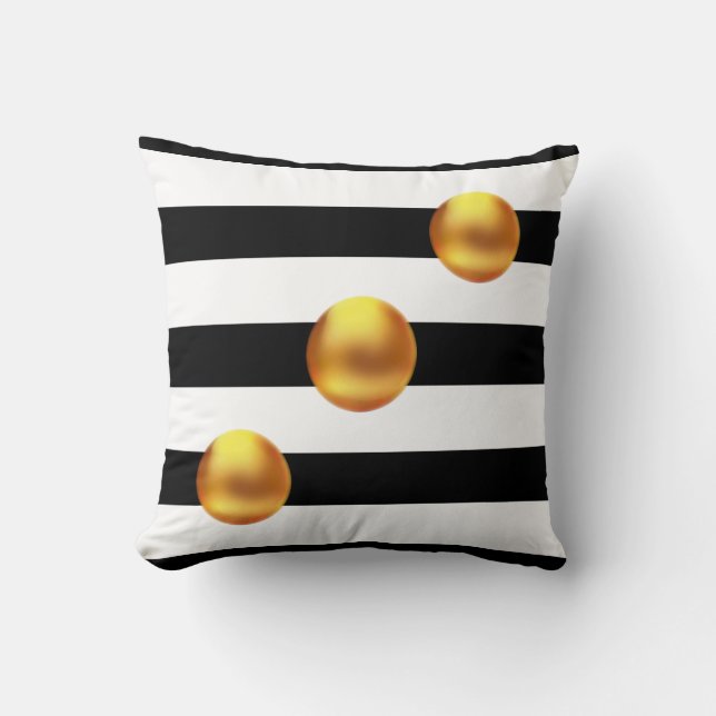 Gold Dots on Black and White Striped Cushion (Front)