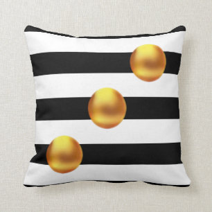Gold Dots on Black and White Striped Cushion