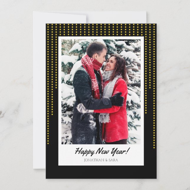 Gold Dots on Black New Years Photo Holiday Card (Front)