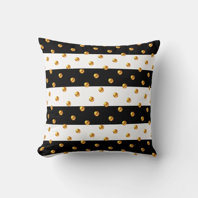 Gold Dots on Black & White Striped Cushion (Front)