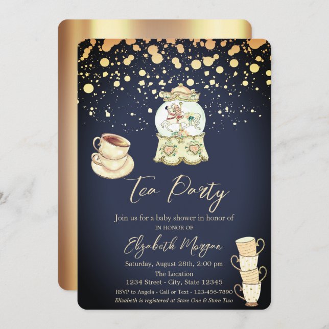 Gold Dots Tea Party Navy Blue Baby Shower  Invitation (Front/Back)