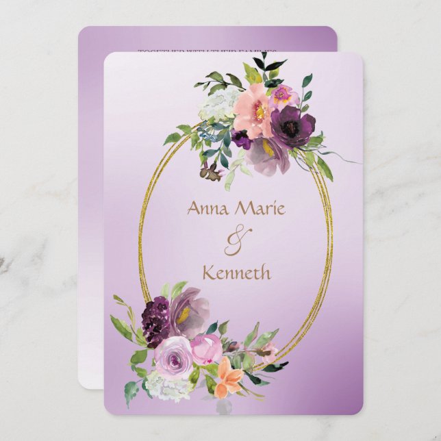 Gold Double Frame Purple Violet Floral Wedding Invitation (Front/Back)