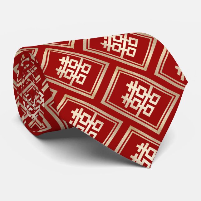 Gold Double Happiness Chinese Wedding Oriental Tie (Rolled)