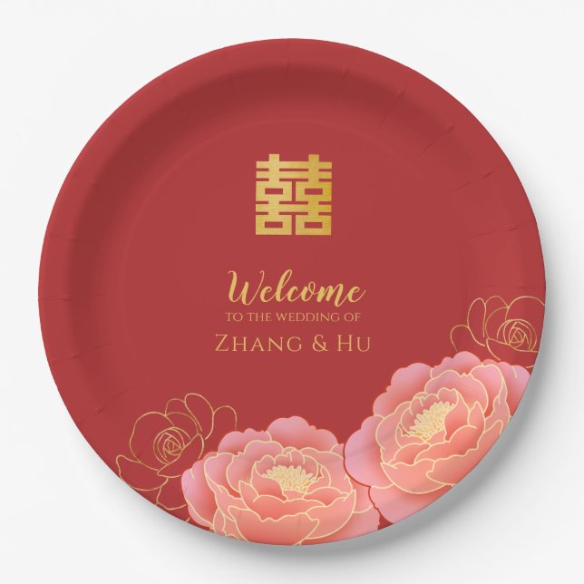 Gold Double Happiness Chinese Wedding Paper Plate (Front)
