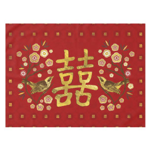 Gold Double Happiness Symbol with flowers and bird Tablecloth