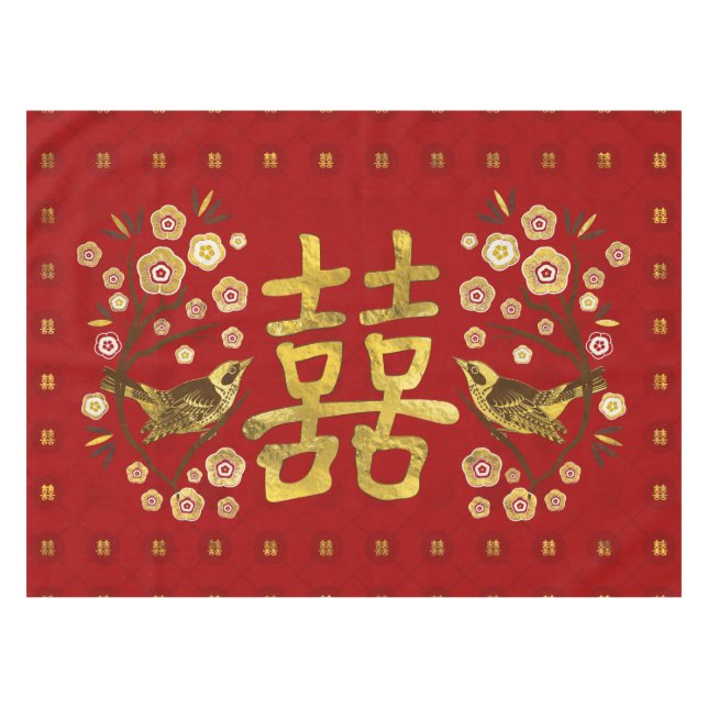 Gold Double Happiness Symbol with flowers and bird Tablecloth (Front (Horizontal))