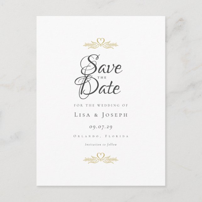 Gold Doves and Heart Elegant Script Save the Date Postcard (Front)