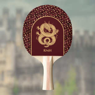 Gold Dragon and Medieval Stars and Moon on Maroon Ping Pong Paddle