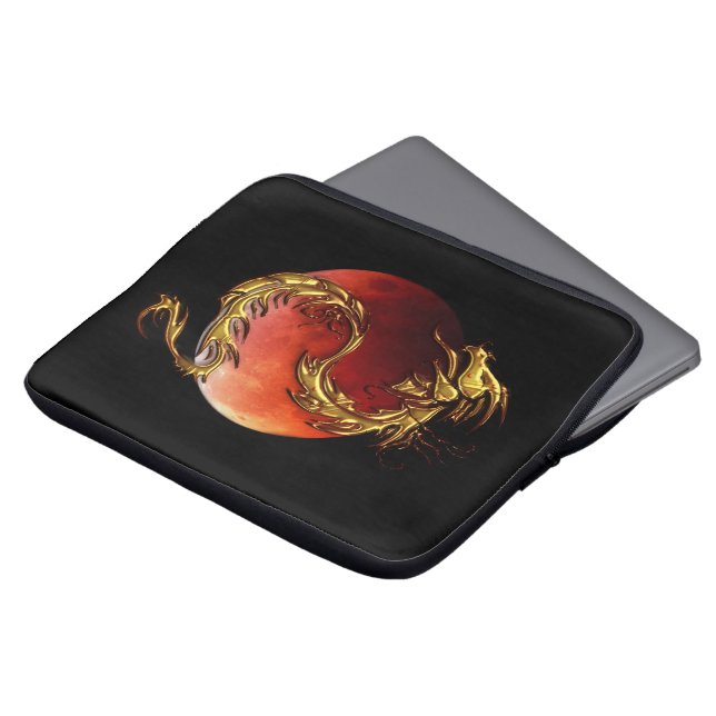Gold Dragon & Eclipse on Black Asian Laptop Sleeve (Front Top)