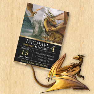 Gold Dragon Mediaeval Castle Fantasy Birthday Invitation