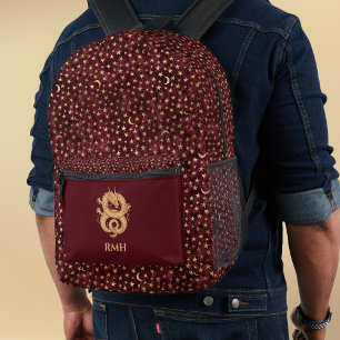 Gold Dragon on Burgundy with Stars Moon Monogram Printed Backpack