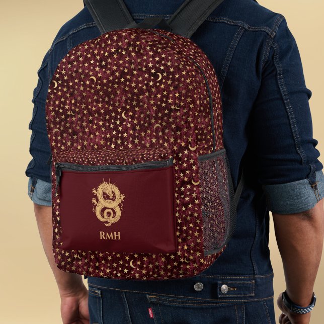 Gold Dragon on Burgundy with Stars Moon Monogram  Printed Backpack (Creator Uploaded)