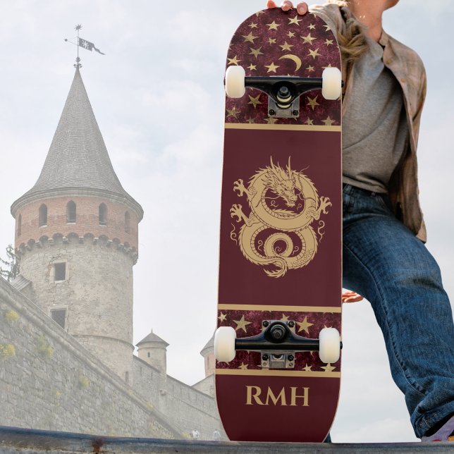 Gold Dragon on Burgundy with Stars Moon Monogram  Skateboard (Creator Uploaded)